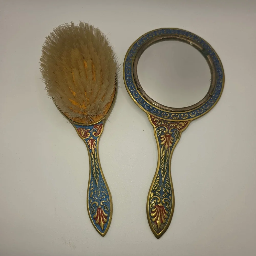 Vintage Brass Parthenon Greece Hand Mirror and Hair Brush Vanity Set Ornate